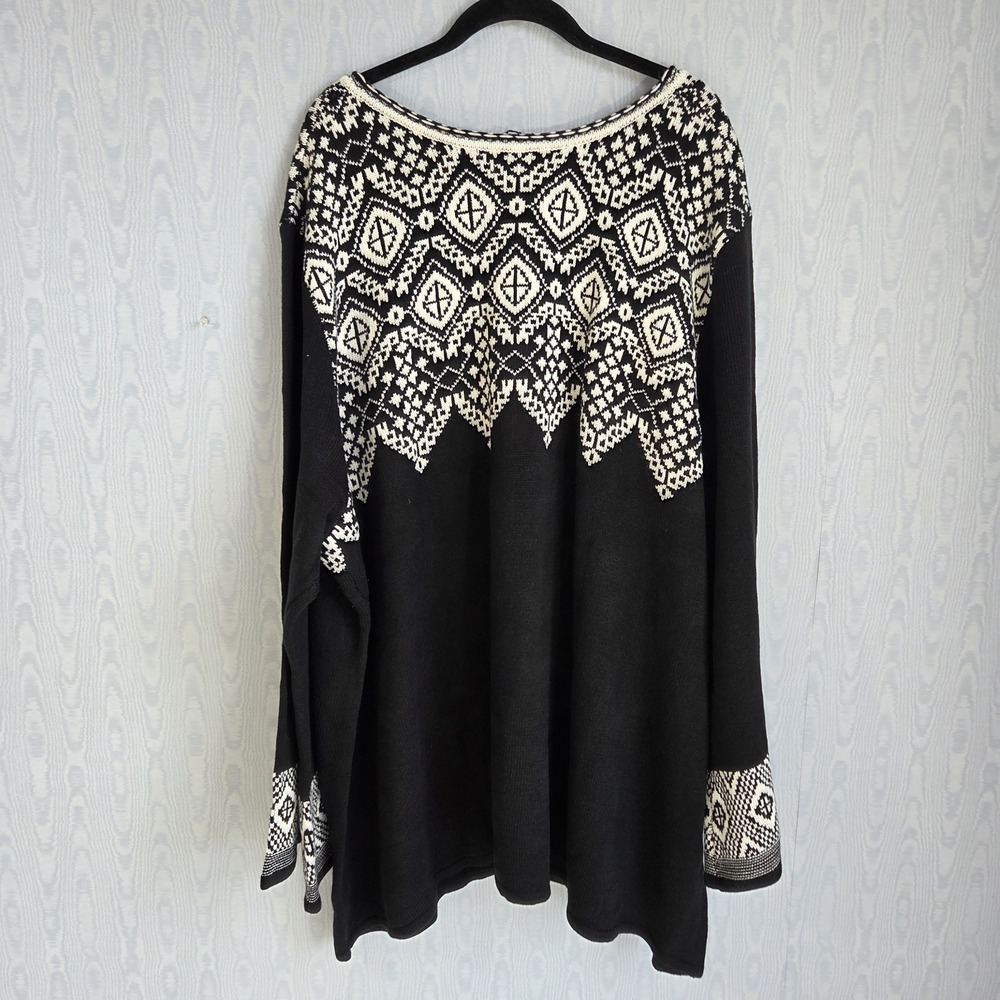 Roamans Womens 34/36 Sweater Fair Isle Chunky VNeck Black White Winter Apres Ski - Picture 3 of 7